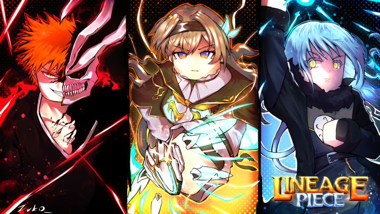 Official Roblox thumbnail artwork for Lineage Piece showing anime crossover fighters